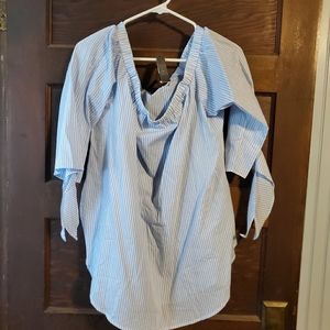 Off shoulder light blue and white striped top